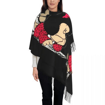 Ladies Long Cute Mafalda Scarves Women Winter Fall Soft Warm Tassel Shawl Wraps Argentine Cartoon Quino Comic Scarf