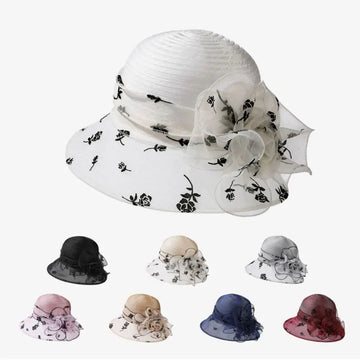 Fashion Retro Flower Bow Lady Hat Organza Wide Brim Sunscreen Hats Elegant Breathable Beach Sun Cap for Women Church Wedding