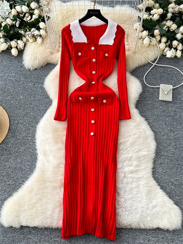 SINGREINY Autumn Office Lady Long Dress Christmas Style Women Lapel Neck Solid Elastic Waist Winter Bodycon Pleated Warm Dress