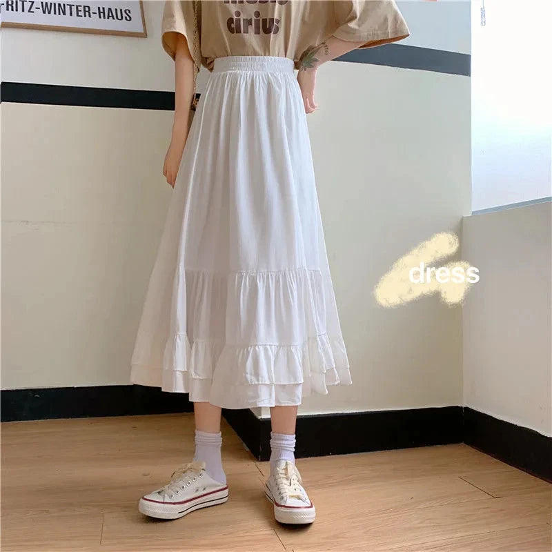 Matching Women's White Skirts Summer Chic Casual A-Line Skirt Elastic Waist Tiered Skirts Elegant Office Lady's Skirt 2025 New