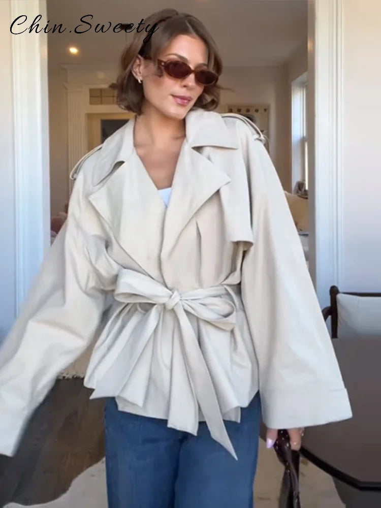 Fashion Lace Up Ruched Trench Coat Women Solid Loose Lapel Full Sleeve Jackets Female 2025 Spring Summer Lady Commute Coats New