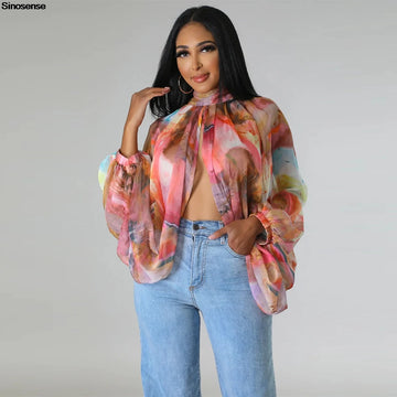 Women Chiffon Blouses Sexy Sheer See Through Front Back Open High Neck Self Tie Shawl Casual Shirts Y2K Night Club Party Tops