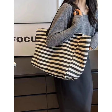 Casual Striped Canvas Bag for Women Large Capacity Shoulder Bag Daily Shopping Totes Student Bookbag for School Travel Beach Bag