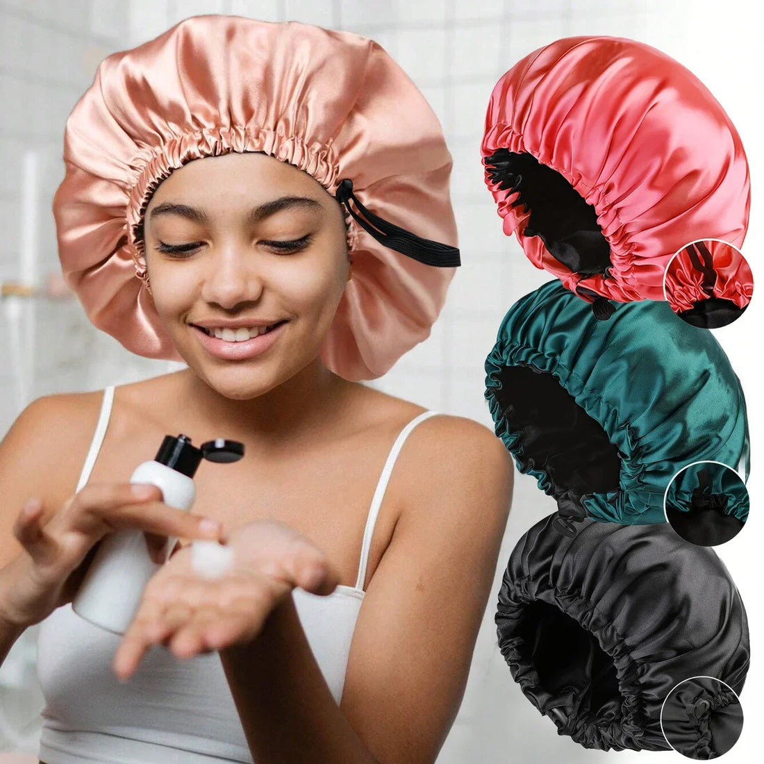 New Large Satin Bonnet Silky Night Sleeping Cap Satin Bonnet With Head Tie Band Bonnet Lace Up Shower Cap Curly Braid Hair