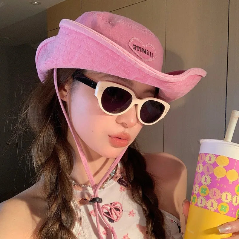 Japanese Retro Washed Cowboy Hats for Women Spring and Summer Outdoor Camping Sun Protection Sweet Pink Love Bucket Caps - OneLoveCanada