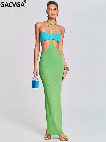 GACVGA Halter Knitted Long Dress Women Sleeveless Y2K Summer Beach Backless Lady Sexy Bodycon Dresses Vestidos