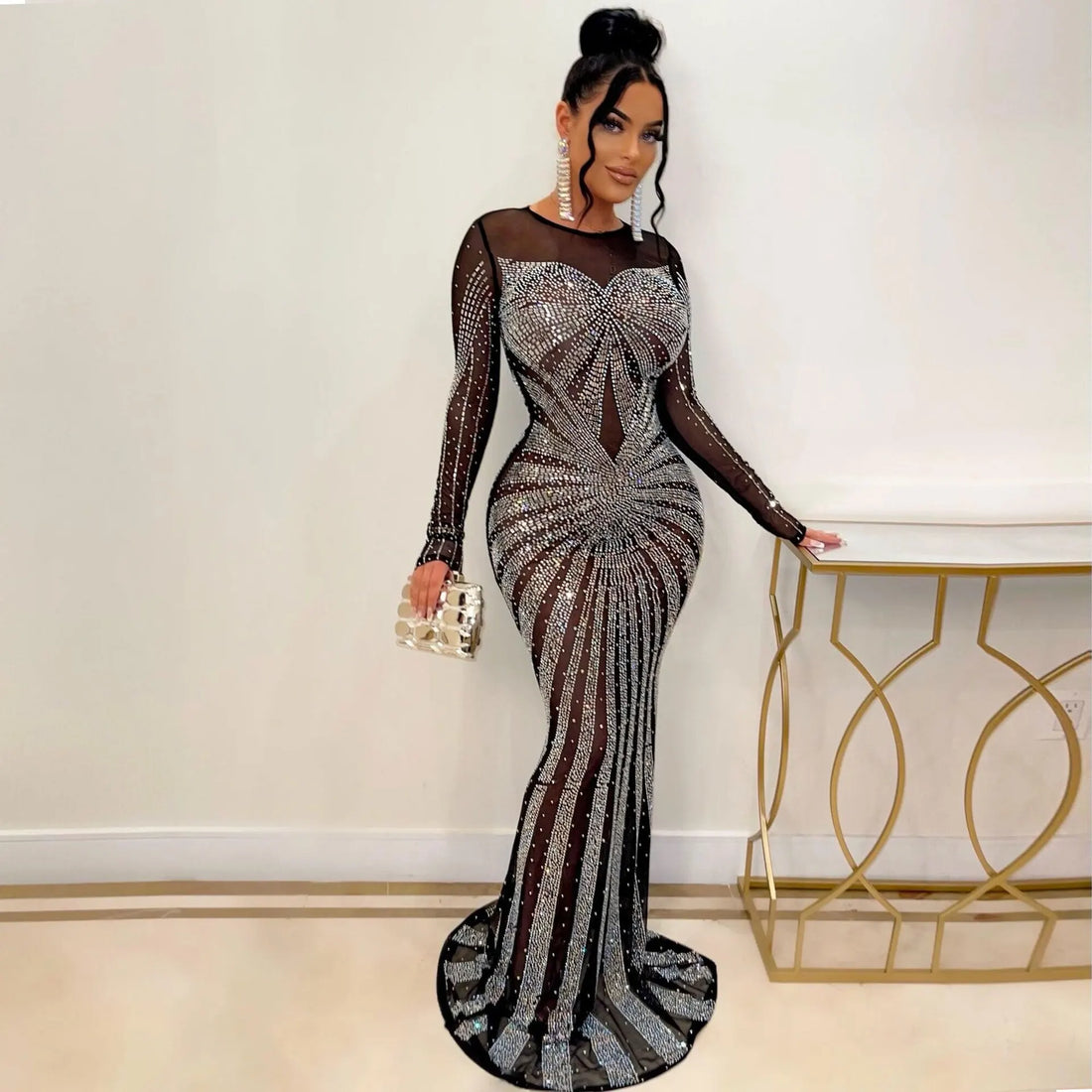 Sexy Rhinestone Crystal Mesh See Through Maxi Dress New Women Long Sleeve Birthday Night Clubwear Long Dress Wedding Party Dress