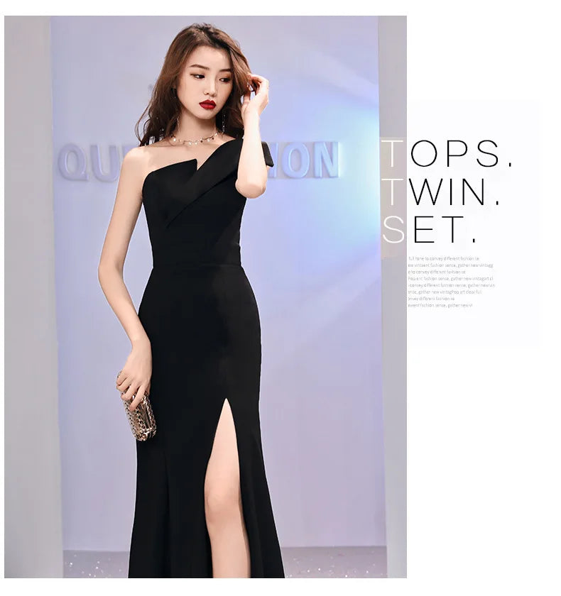 Host evening dress, light luxury, niche one shoulder black long dress, fishtail, one shoulder dress, female