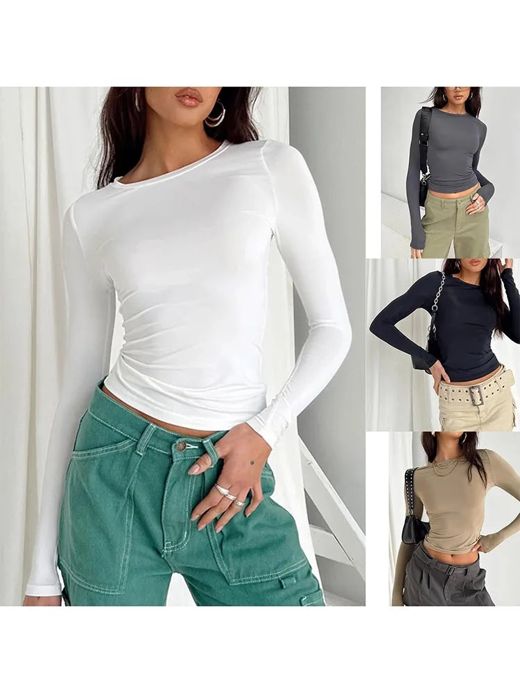 Women Casual Long Sleeve T-Shirts Spring Autumn Solid Slim Fit Pullovers Tees Shirts Female Streetwear Base Tees Tops  Casual - OneLoveCanada