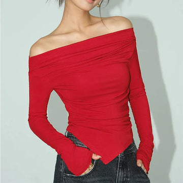 Autumn New T-shirt Red Sexy Women Top Off Shoulder Slim Tees Long Sleeves Streetwear Pullover Asymmetrical Lady Knitted T-shirt