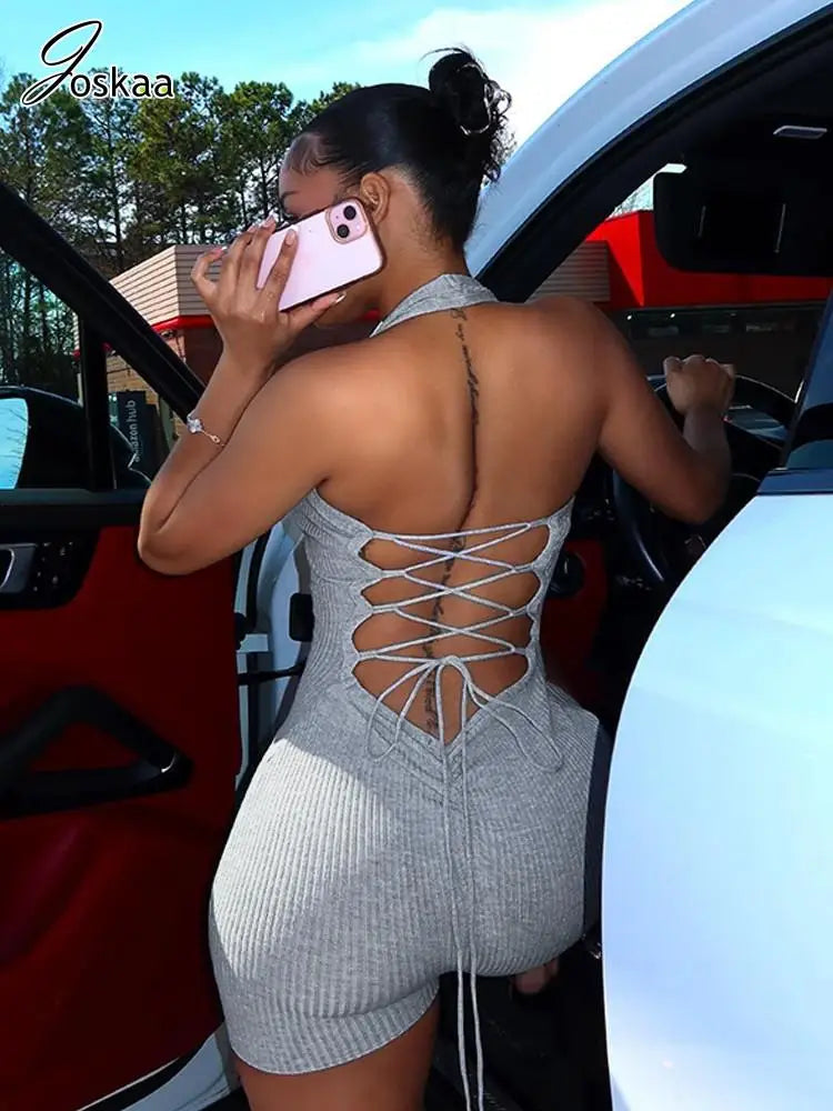 Joskaa Ribbed Gray Sports Playsuit Women Hipster Halter V-Neck Backless Bandage Skinny One Piece Rompers 2024 Summer Streetwear