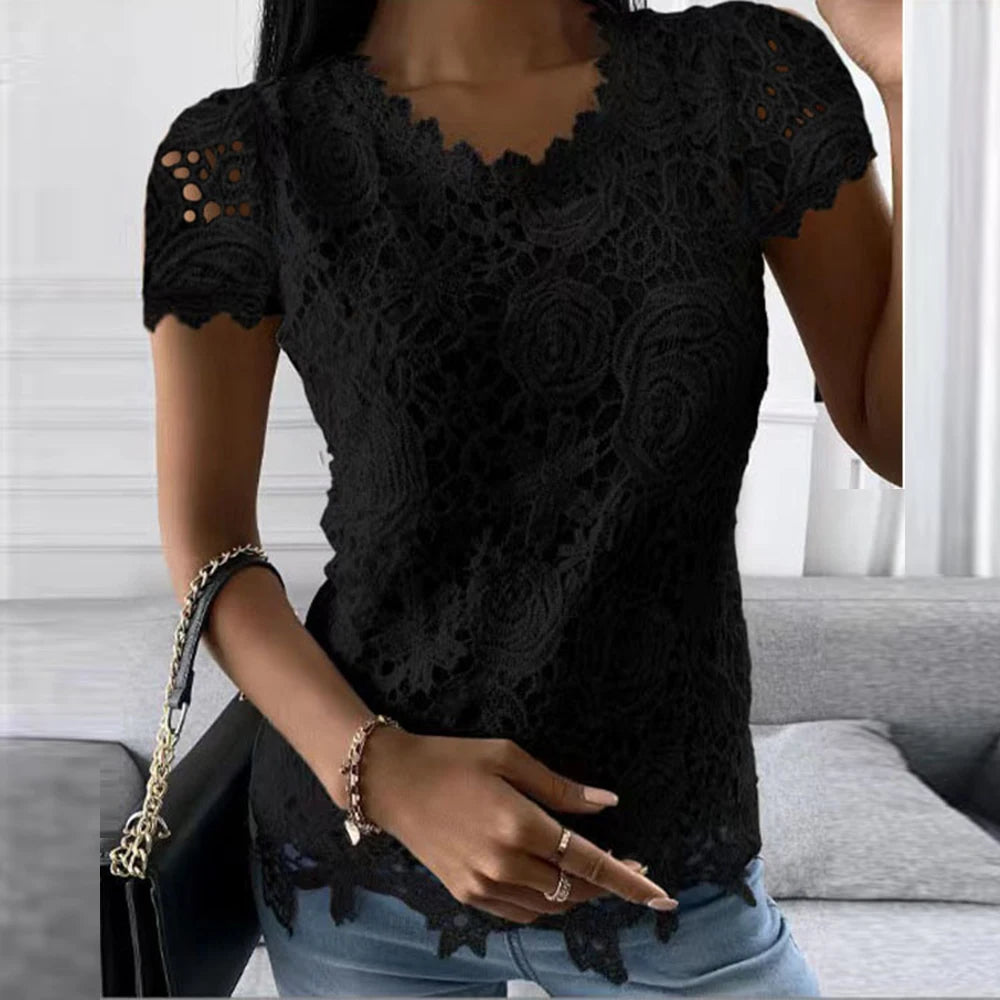 Womens Lace Round Neck Tops T-Shirts Ladies Summer Casual Short Sleeve Blouse Pullover Fashion Clothing For - OneLoveCanada