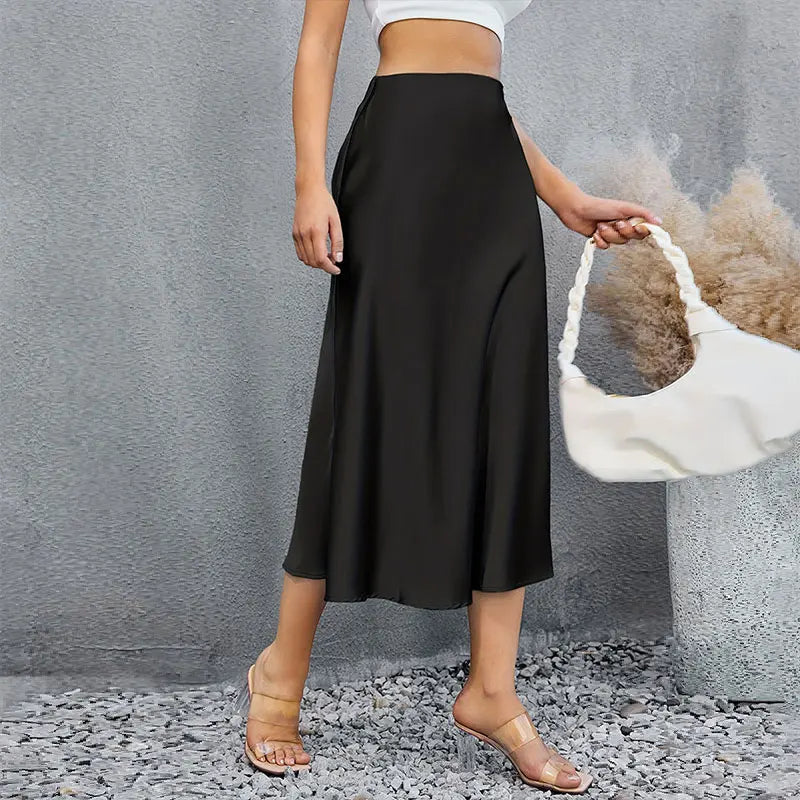 Satin Skirts for Women Korean Style Champagne Office High Waist A-line Skort Fashion Elegant Solid Long Pencil Skirt Silk Like