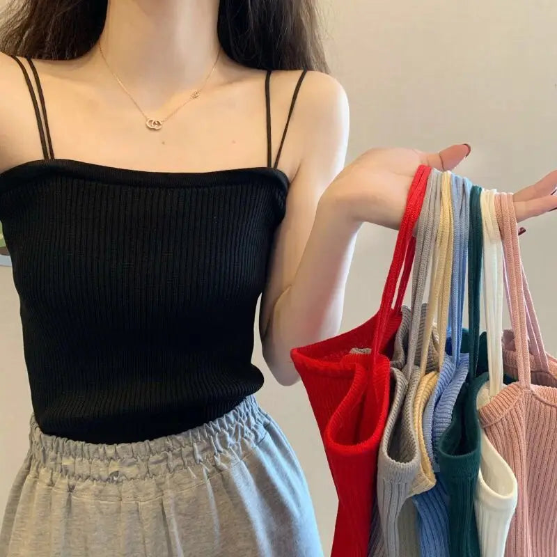 2025 Casual Women Halter Crop Tops Summer Sleeveless Camis Backless Strap Tank Top Slim Solid Short Female Tube Cropped Vest - OneLoveCanada