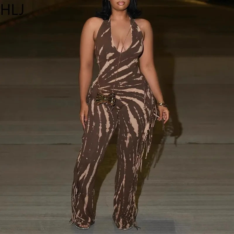 HLJ Sexy Striped Print Tassel Patchwork Bodycon Jumpsuit Women Halter Backless Skinny Rompers Female Party Clubwear Overalls New