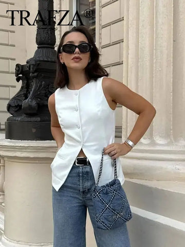 TRAFZA Women Elegant White Vests O Neck Single Breasted Sleeveless Blazer Top 2024 Summer Female Fashion Streetwear Vests