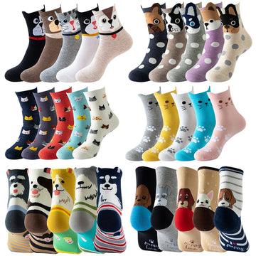 5 Pairs Funny Socks Women Fashion Colorful Kawaii Cute Socks Cartoon Cotton Comfortable Cat Polka Dog Stripe Casual Korean Style