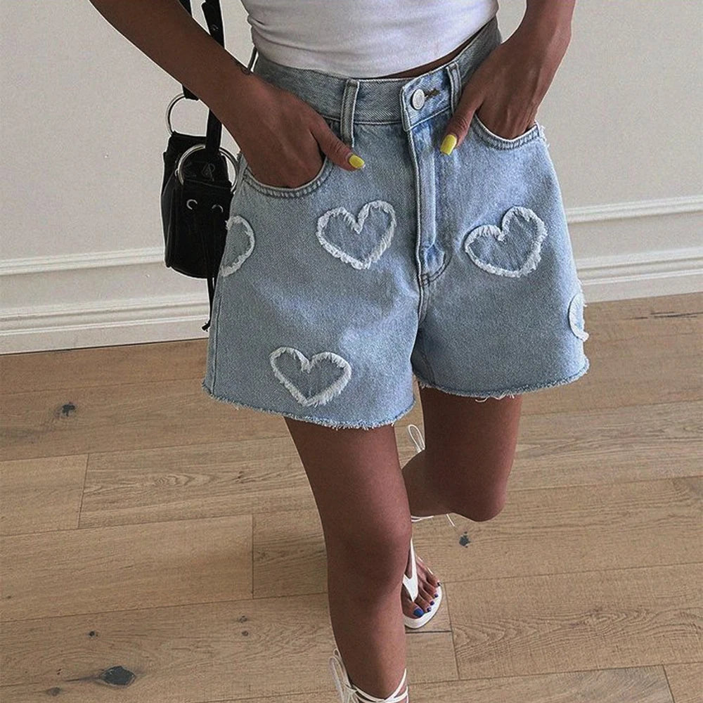Korean Summer Y2K High Waist Jorts LOVE Heart Shaped Pattern Women's Denim Shorts Casual Jeans Chic Straight Washed Hot Pants
