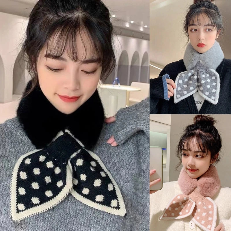 Scarf Collar For Women Scarf Women Winter Fashion Soft Faxr Rabbit Fur Collar Print Bow Tie Scarf Women Accessories