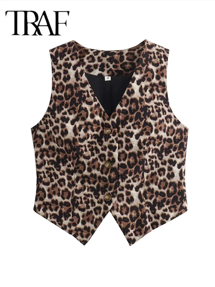 Women's Vest 2025 Fashion Leopard Summer V-Neck Single-breasted Vest Top Ladies Casual Cropped Sleeveless Coat New In Vests