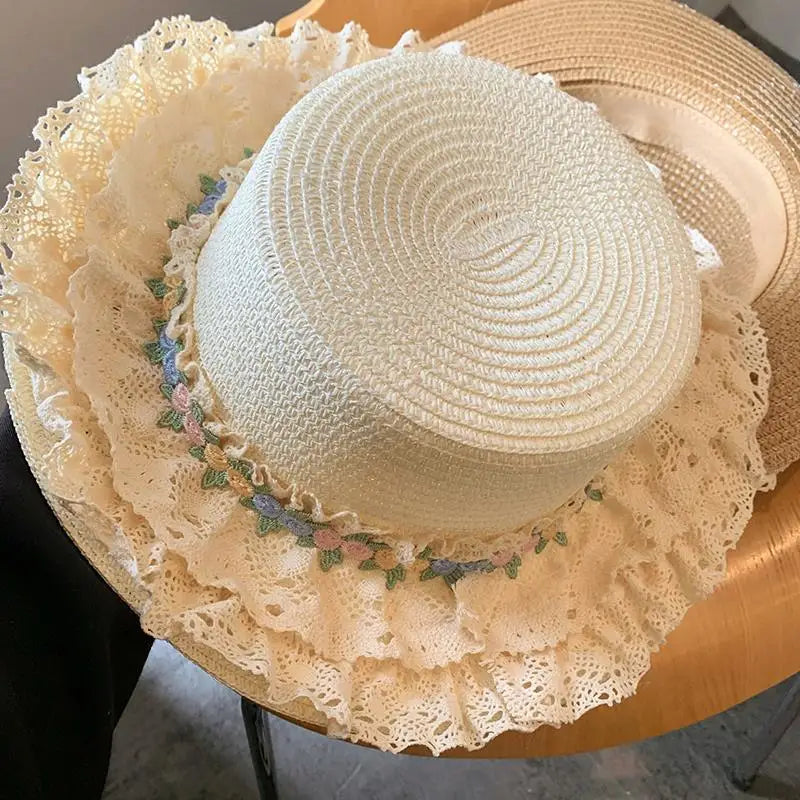 Lolita Hats French Elegant Lace Straw Caps Flat-topped Wide-brimmed Hat Beach Seaside Sun Cap Fashion Headwear for Women Girls