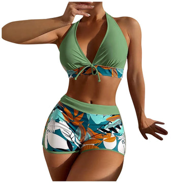bikini Beach Style Paneled Printed Women's Swimsuit Split High Waist Tow-piece For Teenagers biquinis feminino tendência 2024