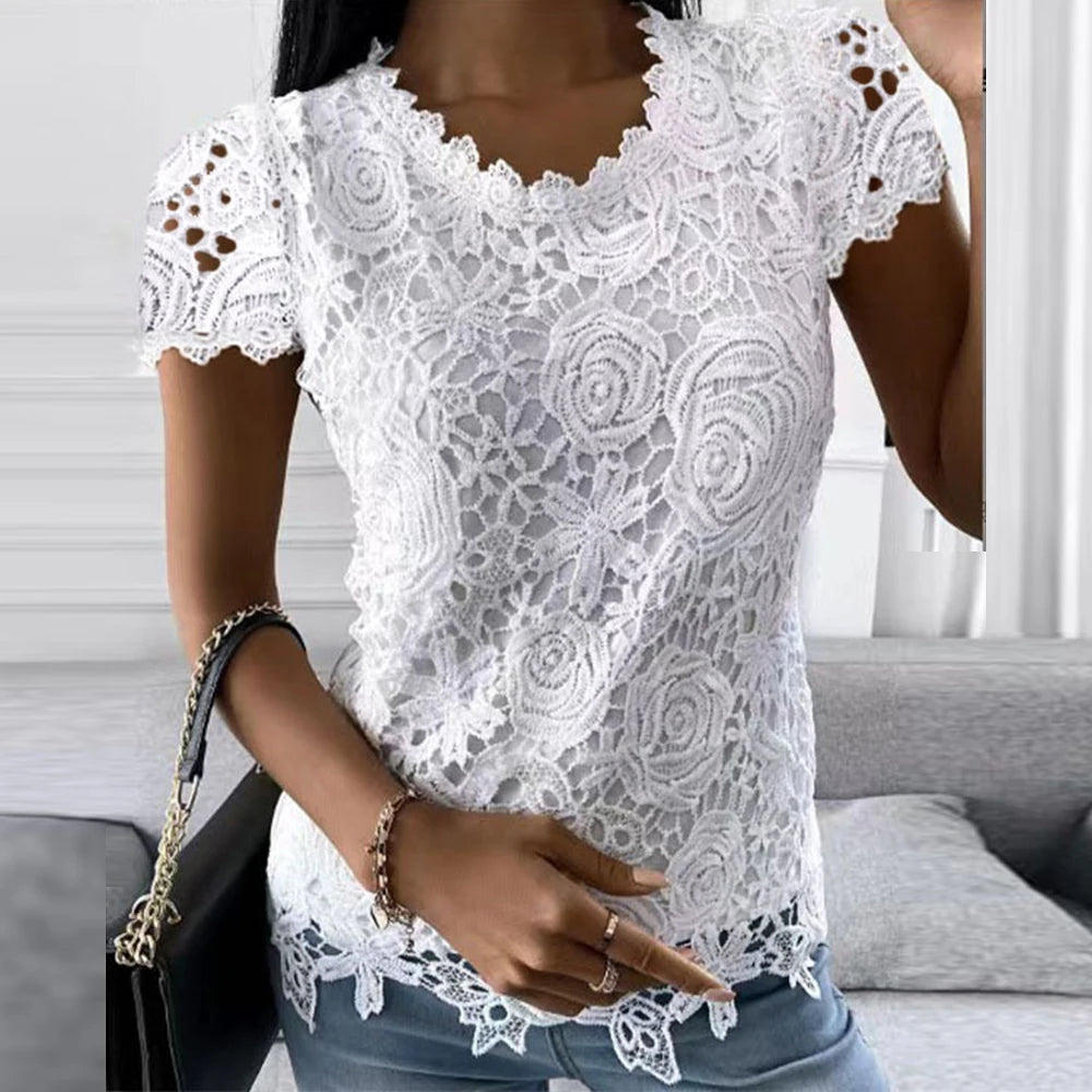 Womens Lace Round Neck Tops T-Shirts Ladies Summer Casual Short Sleeve Blouse Pullover Fashion Clothing For - OneLoveCanada
