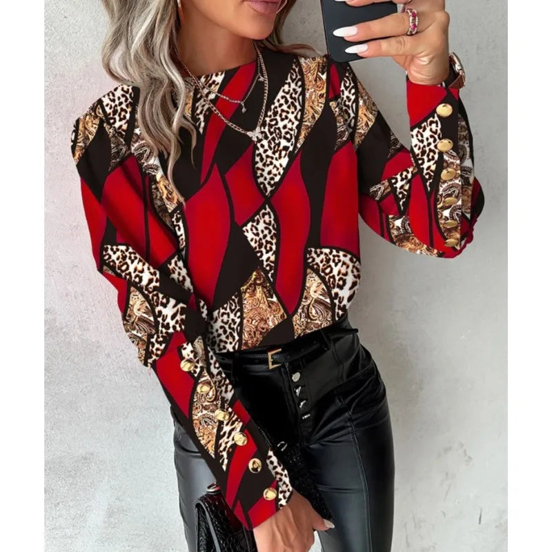 Women Blouse Fashion Print Long Sleeve O Neck Button Tops For Women 2025 Spring Autumn Elegant Office Lady Blouses And Shirts
