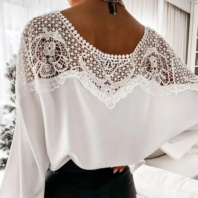 Fashionable Elegant Lace Blouse Casual O-neck Long Sleeved Women's Top Loose Women's Lace Up Solid Color Women's Shirt 12459