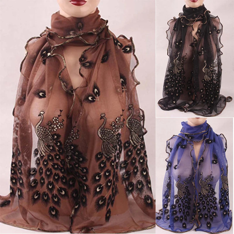 1PCS 190*40CM Women Lady's Silk Scarves Shawl Stole Peacock Scarf Transparent Long Fashion Chiffon Soft Wrap