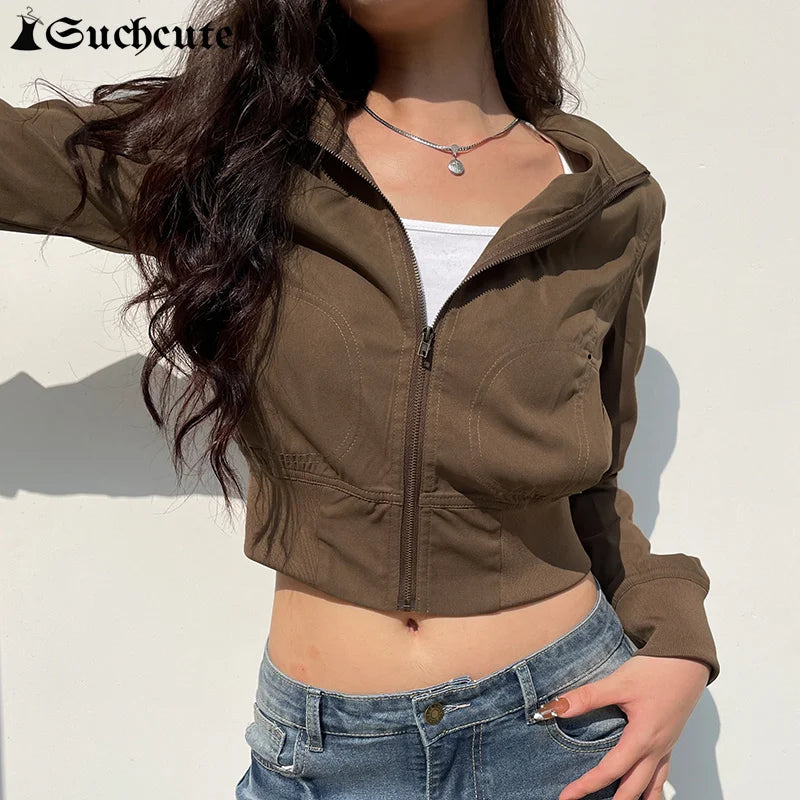 SUCHCUTE Vintage Cropped Jackets Women Stand Collar Solid Color Casual Coats Slim Pocket Zip Up Harajuku Safari Style Outwear