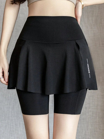 2025 New Solid Color Sport Fake Two-piece Skirt Pants High Elastic Pocket Wear Three-point Shorts Sweatpants Women Clothing