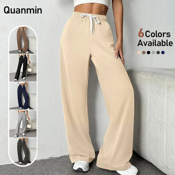 Women'S Wide-Leg Sports Pants High-Waisted Loose Casual Drawstring Fitness Pants With Pockets