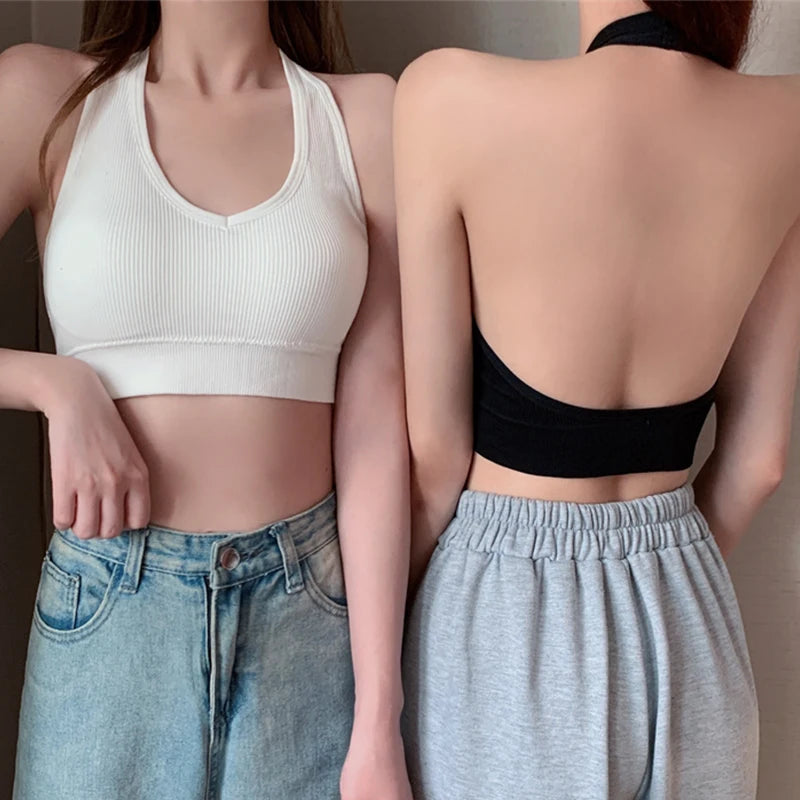 Women Backless Vest Sexy Bra Halter Wire Free Sport Bra Suspender Solid Lingerie Female Tops Beautiful Back Wire Free Sports Bra
