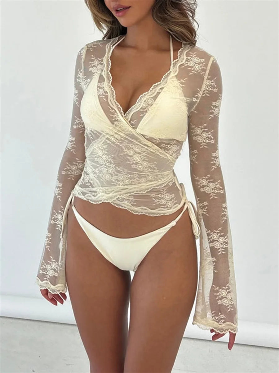 Women's Lace Crop Tops Casual Long Sleeve Deep V Neck Cross Wrap T-Shirts Basic Blouses - OneLoveCanada