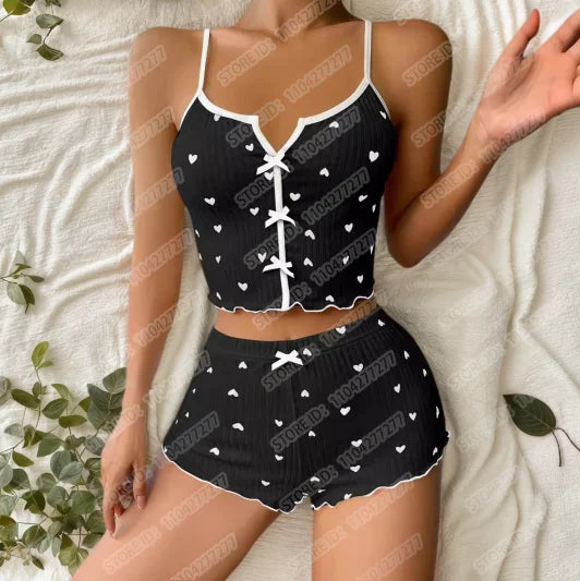 Women Sexy Sleepwear Pajamas Set Heart Print Silk Stain V-Neck Sleeveless Sexy Lingerie Casual Cami and Shorts Sets Loungewear