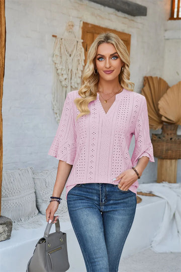 Women's Summer Blouse New Solid Color Half Sleeve Loose Casual T-shirt Hollow Out V-neck Tops Office Ladies Tee Women's Clothing