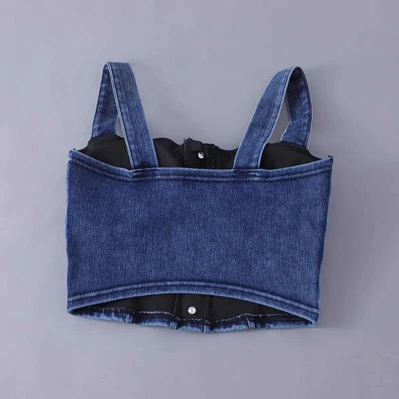 2024 New  Women's Slim Cropped Denim Vest Stretchy  Jean Sports Bra Tank Top With Bra Pad