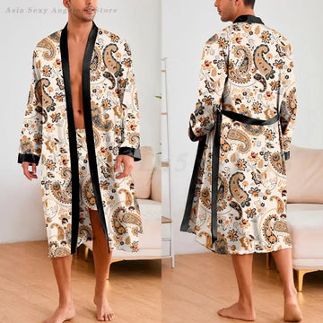 Men Robe Sets Satin Printed Kimono Male Sleepwear Bathrobe Faux Silk 2PCS Robe&Shorts Suit Casual Nightwear Lounge Wear Homewear