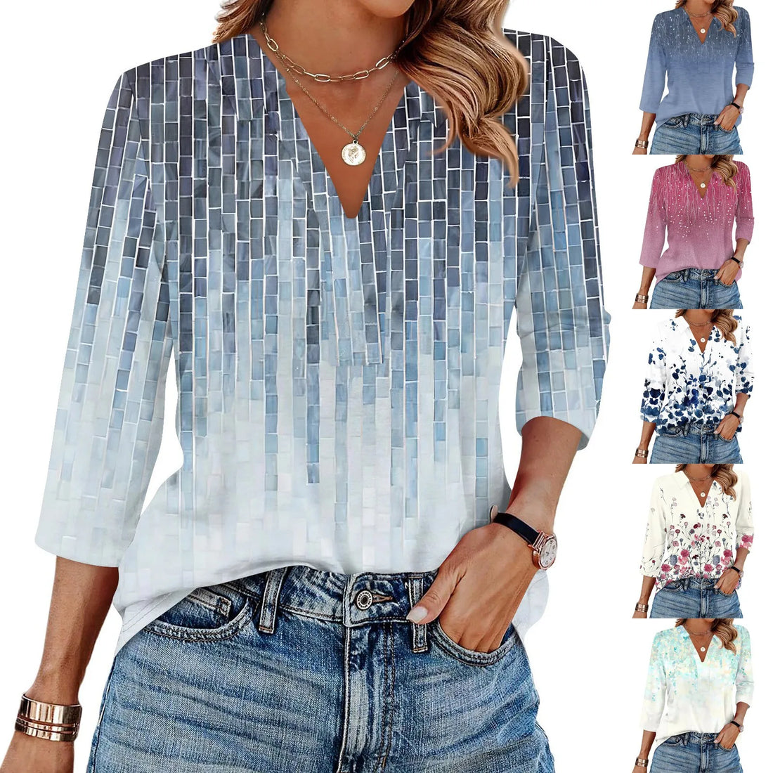 Women's Fashion Casual Lapel 3/4 Sleeve Print Shirt Women's V-Neck Tops Tops for Women Womens Tops and Blouses 2025 Dressy Tops - OneLoveCanada
