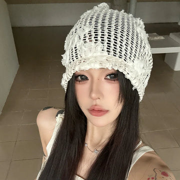 Spring Summer New Korean Crochet Pullover Hats Women Outdoor Travel Fashionable Versatile Sweet Hollow Breathable Beanies Cap