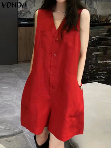 2025 VONDA Women Summer Short Jumpsuits Sexy Sleeveless Rompers Casual Loose Fashion V Neck Pockets Solid Playsuits Overalls