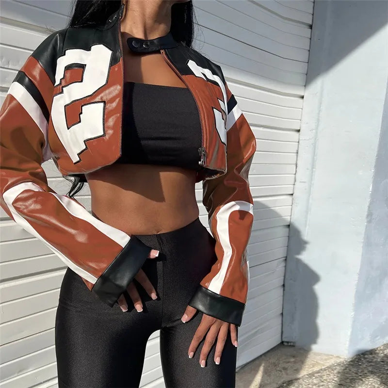 Women New Faux Leather Fashion  Jacket Hipster Letter Print Autumn Casual Sporty Wild Streetwear Uniform Trend Female Crop Coat