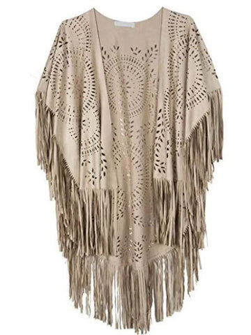 2025 New In Camel Suede Floral Hollow Out Fringe Tassel Shawl Women Vintage Bohemian Capes Ponchos Beach Cardigan Boho Cloak