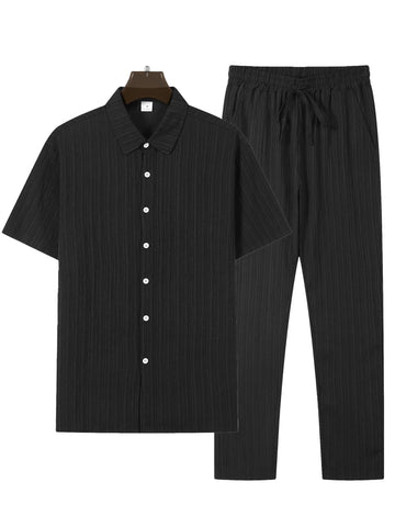Mens Casual Stripe Two Piece Sets Solid Color Lapel Short Sleeve Tops And Long Pants Suits Spring Summer Sports Streetwear Cloth