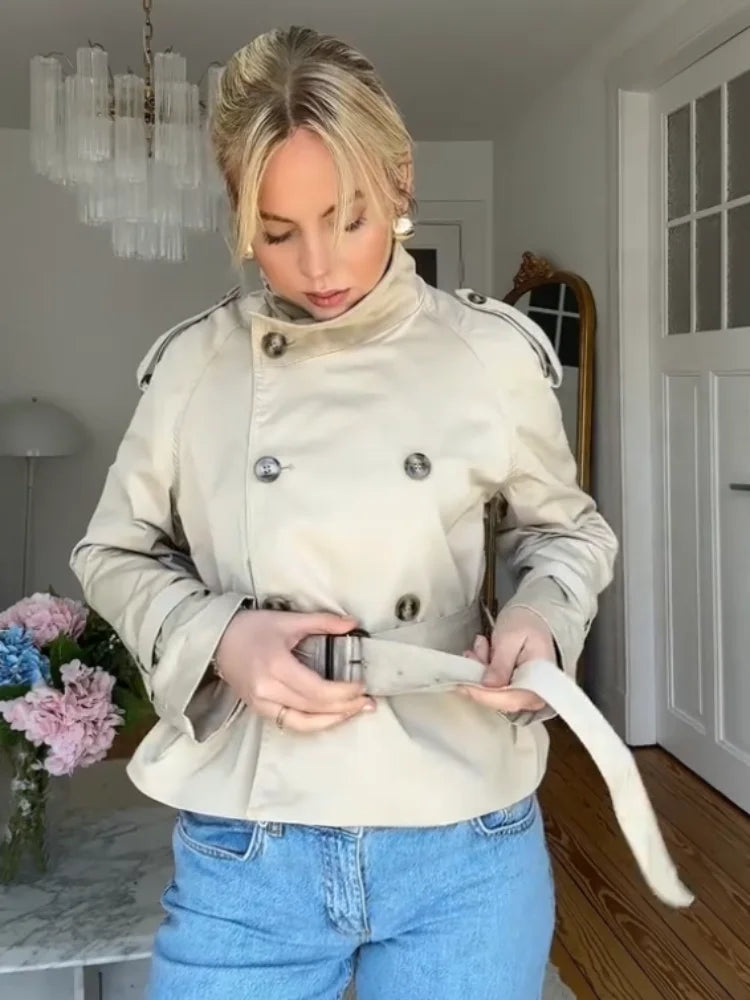 Fashion Flared Sleeve Women Coat Elegant Stand Collar Single Breasted Long Sleeved Female Jacket 2025 Spring Commuter Lady Coats