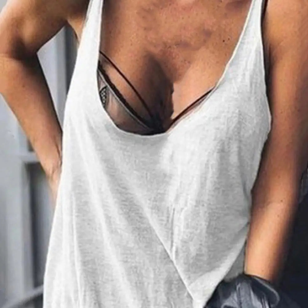 Lady Casual Solid Color Loose Tees U-neck Sleeveless Thin Women Vest Low Collar Stretchy Lady Summer Simple T-shirt Streetwear - OneLoveCanada