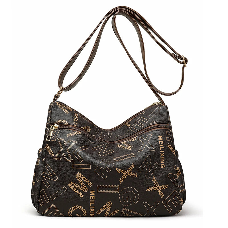 Ladies Middle-Aged Mother Bag Large Capacity Printed Work Clothing Soft Leather Multi-Pocket Cross-Body Bag Retro Shoulder Bag