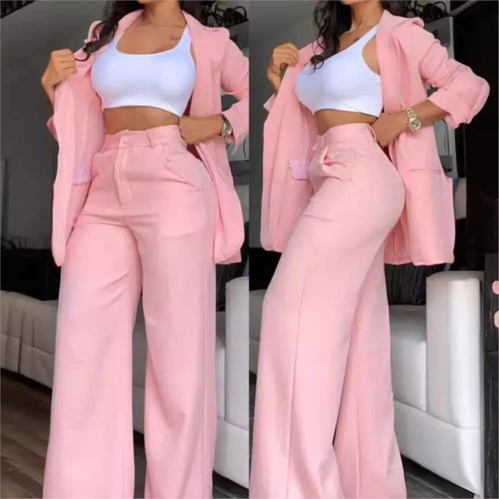 Women's Elegant Suits 2024 Spring/Autumn Latest Elegant Notched Collar Blazer Long sleeved Coat&Pocket Design Button Pants Set