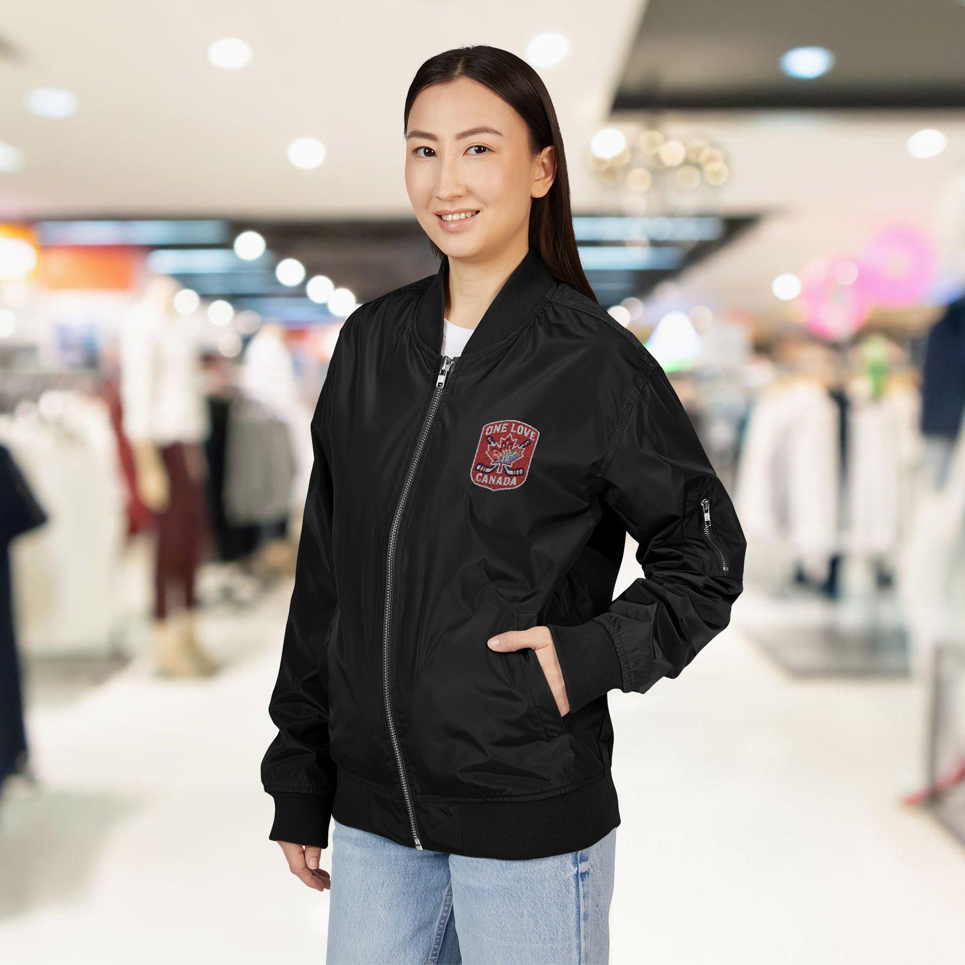 Recycled Bomber Jacket with Embroidery, Eco-Friendly Fashion - OneLoveCanada